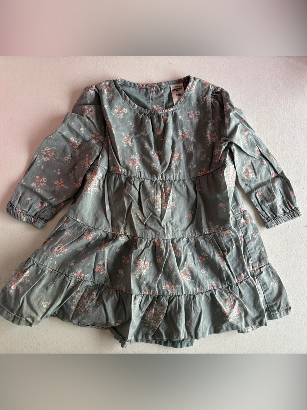 OshKosh B'gosh Sage Green Floral Tiered Dress with Pink Accents